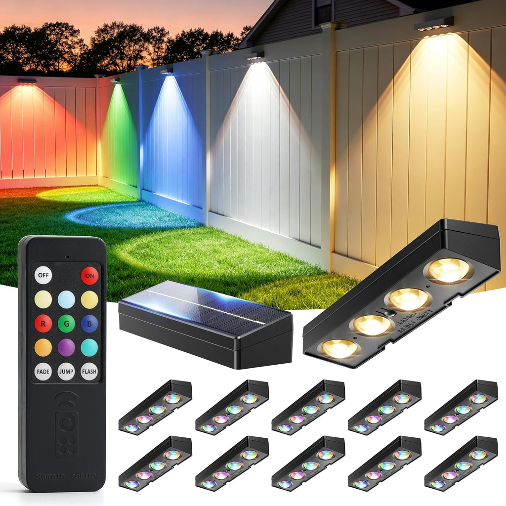 JOFIOS Fence Lights Solar Powered with Remote 12 Pack, Warm White, Cool White and RGB Color Glow LED Solar Lights Outdoor, Dusk to Dawn Solar Fence Lights for Patio, Backyard, Railing, Deck, and Wall