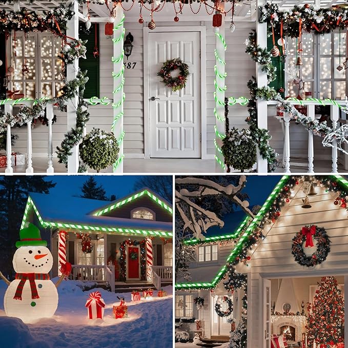 Jnaurb Christmas Candy Cane Lights, 66ft 480 LED Connectable Flexible White & Green Candy Cane Rope Lights for Outside, 8 Modes Waterproof LED Christmas Light for Garden Patio Tree Holiday Party Decor