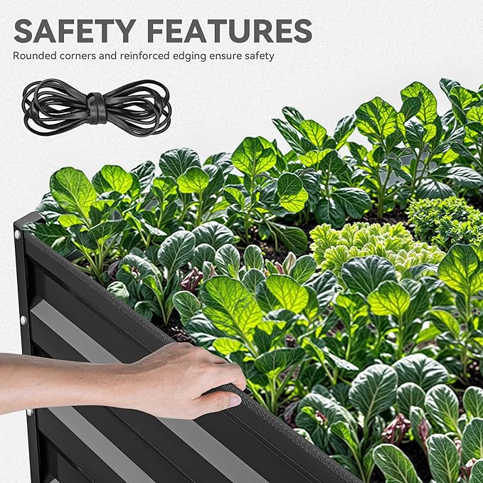 YITAHOME 8x4x2 ft 4pcs Galvanized Raised Garden Bed Kit, Large Metal Planter Box with Gloves, Safety Rubber & Support Rod, Outdoor Flower Bed for Plants Vegetables, Black