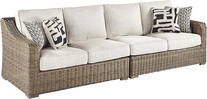 Signature Design by Ashley Beachcroft Outdoor Left & Right Arm Facing Wicker Patio Loveseats, Nuvella Weather Resistant Fabric, Brown & Beige