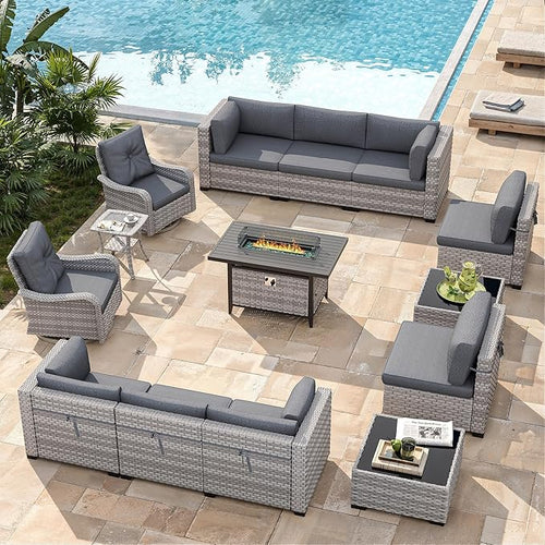 10-Seat Outdoor Wicker Patio Furniture Set with Fire Pit Table, Modular Rattan Sectional Sofa & 2 Swivel Rocking Chairs, 4" Thick Cushions, Rust-Resistant Frame,Black