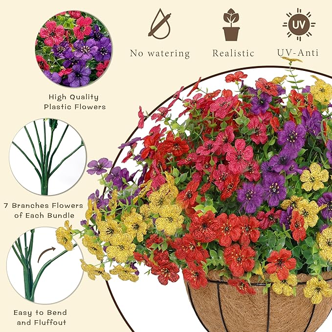 Senjie 12 Bundles Artificial Hanging Flowers with Basket for Outdoor Decor, UV Resistant Faux Flowers Fake Hanging Planter for Porch Patio Balcony
