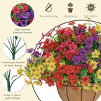 Senjie 12 Bundles Artificial Hanging Flowers with Basket for Outdoor Decor, UV Resistant Faux Flowers Fake Hanging Planter for Porch Patio Balcony