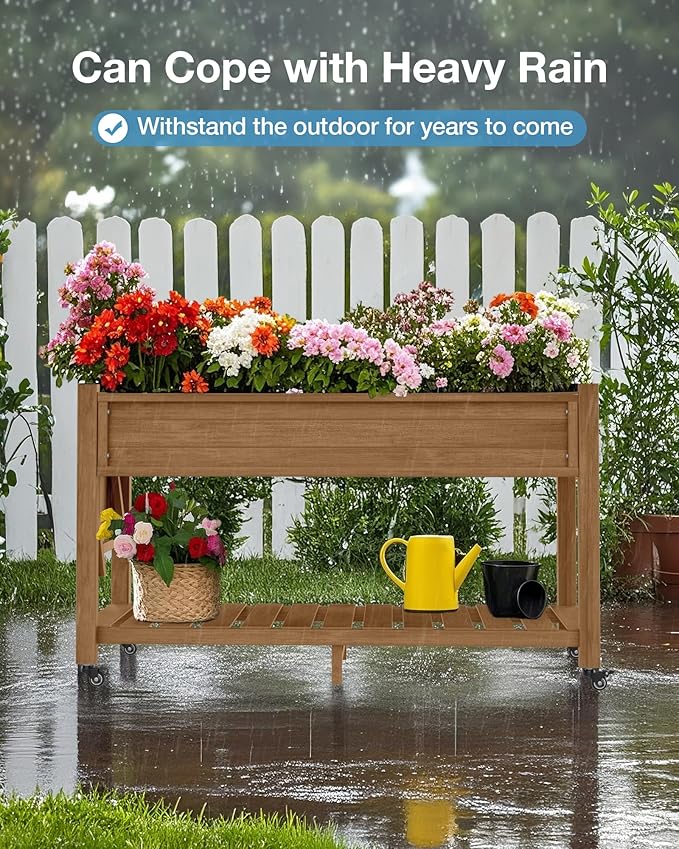 YEFU Raised Garden Bed with Legs: 57x18x30in Elevated Poly Planter with Wheels,Waterproof Mobile Raised Bed Garden, Elevated Planter Box Stand with Storage Shelf,for Herb,Carrot,Tomato (Teak,4pcs)