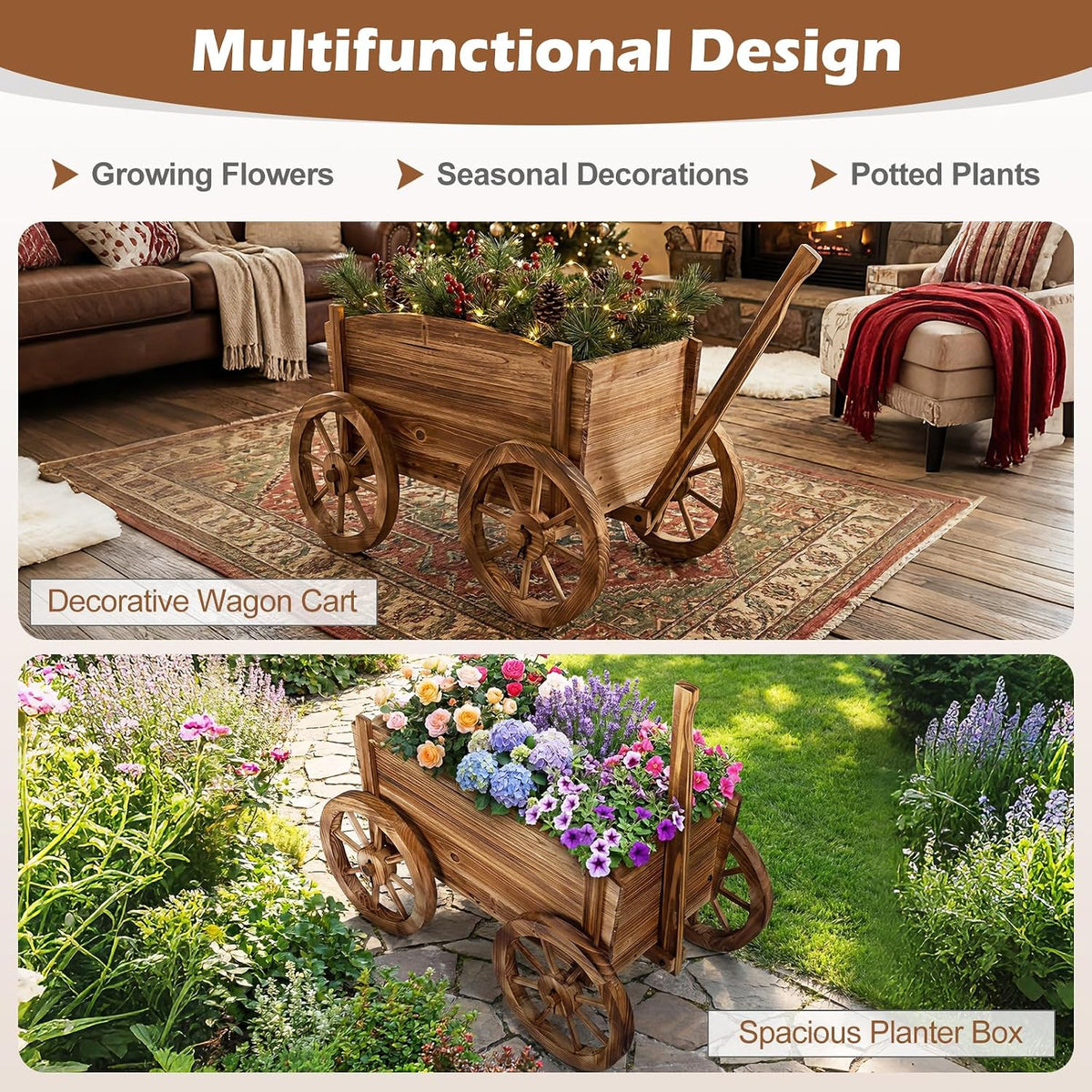 giantex wood wagon planter, rustic rolling flower pot, package contents