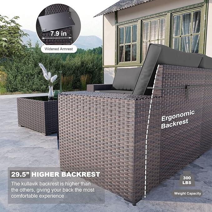 Kullavik 6PCS Outdoor Patio Furniture Set PE Wicker Rattan Sectional Sofa Patio Conversation Sets,Grey