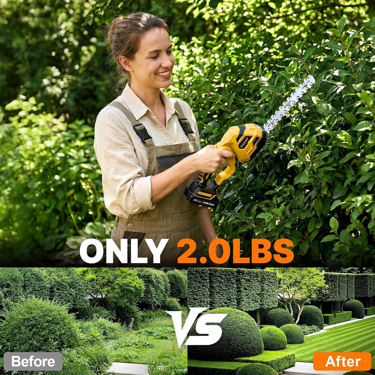 ogery 21v cordless hedge trimmer & grass shears, front angle view