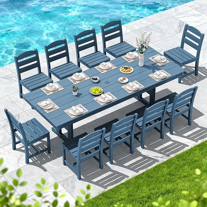 SERWALL Outdoor Dining Chairs Set of 4, All-Weather HDPE Patio Chair with 19.7" Widened Seat, for Backyard, Garden, Blue
