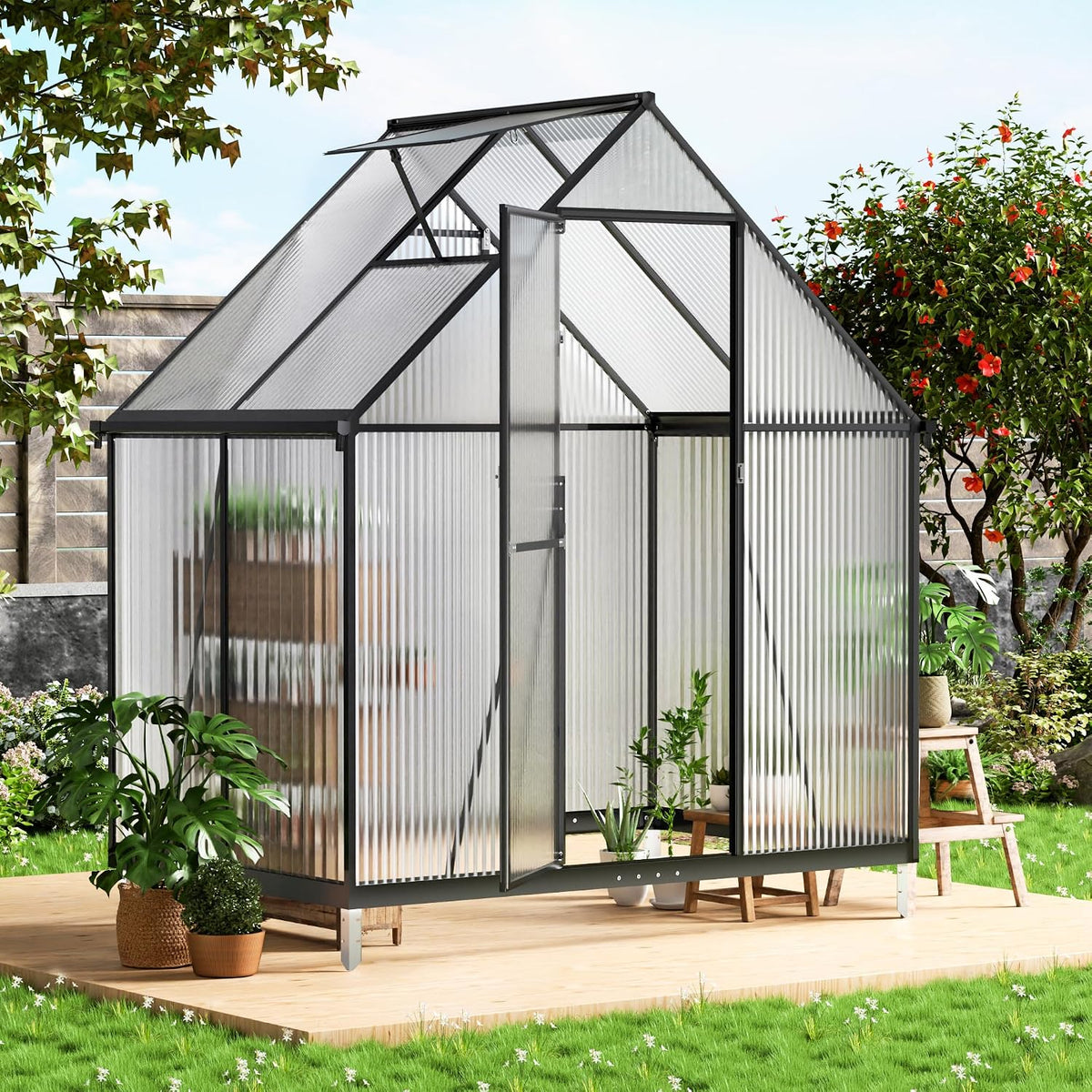 6x4ft polycarbonate green house with roof vent, large shown in use