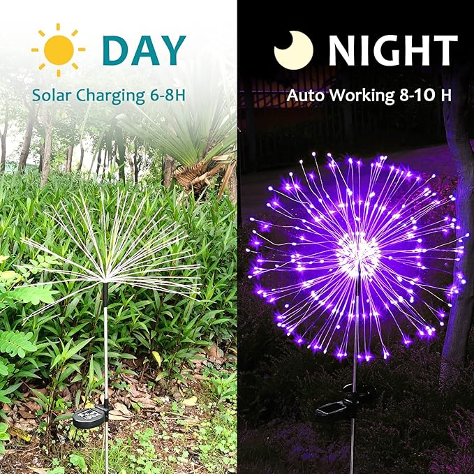 JJGoo Solar Firework Lights, 2 Pack 120 LEDs 2 Lighting Modes Solar Garden Lights Outdoor Waterproof for Yard Patio Walkway Pathway Party Wedding Christmas Decorative - Purple