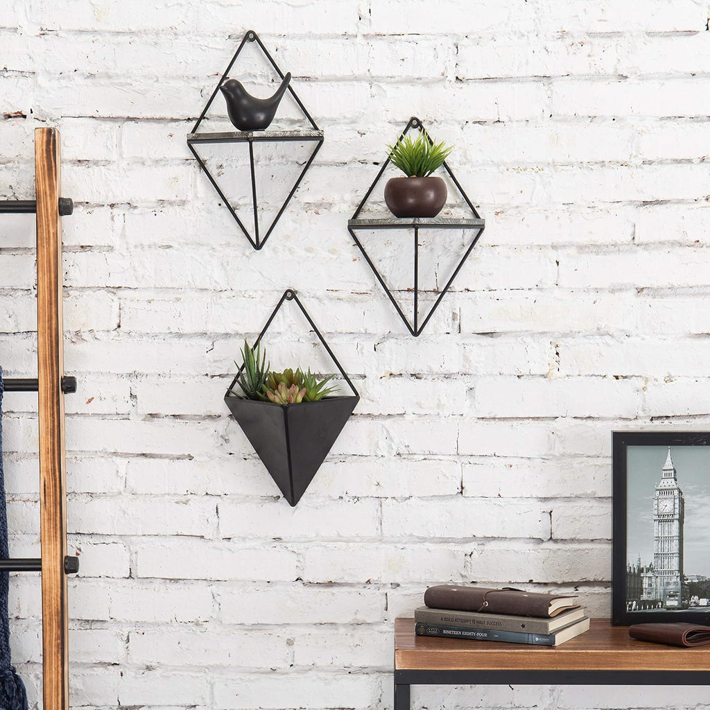 MyGift Indoor Wall Planter and Wooden Wall Display Shelves with Black Metal Frames Metal, 3-Piece Set