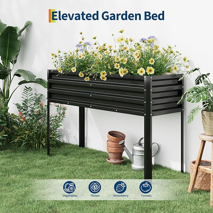 Galvanized Raised Garden Bed with Legs, 50×17×32 in Large Elevated Planter Box for Outdoor Plants, Sturdy Metal Raised Garden Beds for Vegetables, Flowers & Herbs, Backyard, Patio, Black