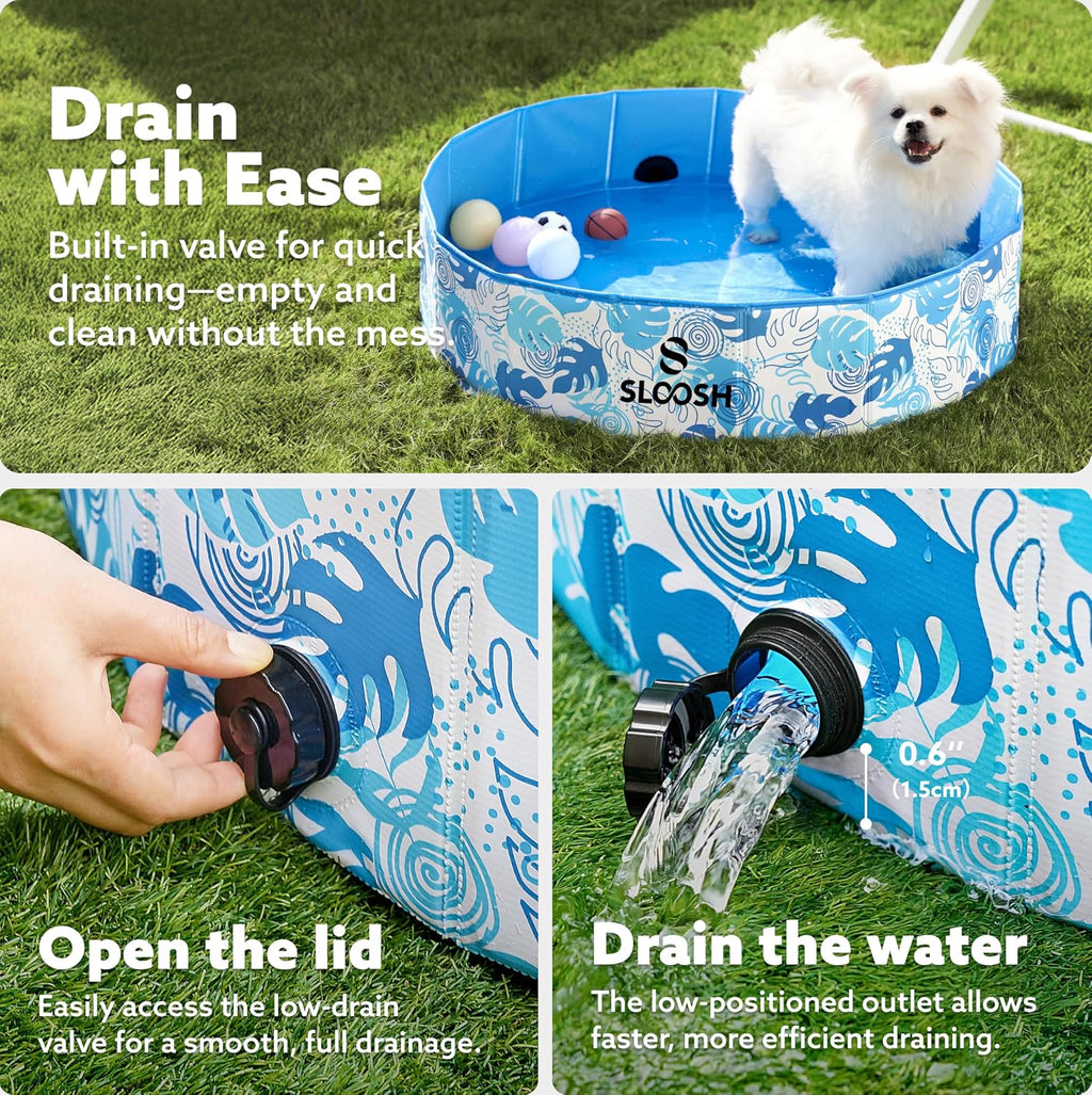 SLOOSH Foldable Dog Kiddie Pool - Portable Hard Plastic Kids Baby Doggie Swimming Pool, Anti-Slip Thick PVC Collapsible Pets Cats Whelping Box Puppy Bathtub (32" x 8")