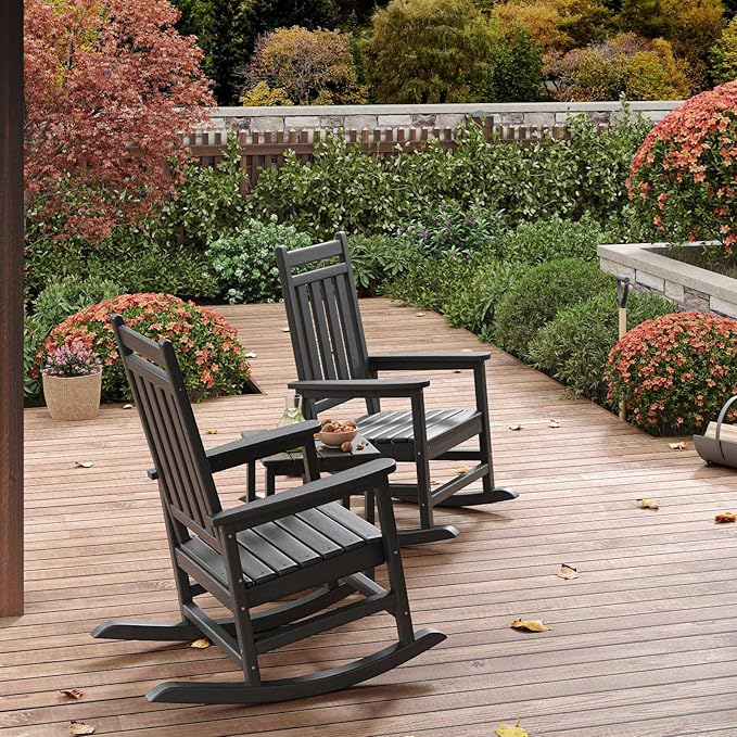 HDPE Rocking Chair Outdoor Set of 4 - Poly High Back Porch Rocker Chairs for Adults - All Weather Resistant Furniture for Patio Front Porch - Black