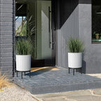 Veradek Demi Series Round Planter w/Stand for Porch/Patio | Durable Plastic-Stone Composite & Wooden Stand | Modern Décor for Tall Plants, Flowers