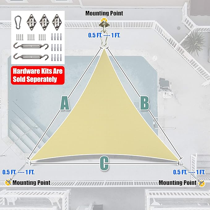Amgo 18' x 18' x 18' Beige Triangle Sun Shade Sail Outdoor Canopy Awning UPF50+ AGTAPRT12, 95% UV Blockage, Water & Air Permeable, Commercial Standard Heavy Duty (We Make Custom Size)