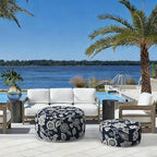 LVTXIII Indoor/Outdoor Inflatable Ottoman with Handle D21 x H9 Inch, Weather-Resistant Round Footstool Pouf for Patio Camping Living Room, Portable Footrest Extra Seating, Elegant Vines Navy