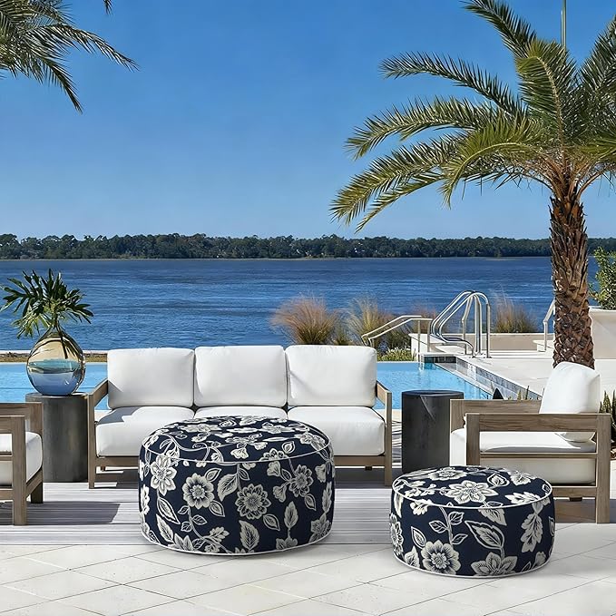 LVTXIII Indoor/Outdoor Inflatable Ottoman with Handle D21 x H9 Inch, Weather-Resistant Round Footstool Pouf for Patio Camping Living Room, Portable Footrest Extra Seating, Elegant Vines Navy