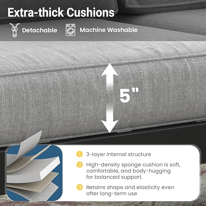 Solaste Aluminum Outdoor Patio Furniture Set, 5 Seats Patio Sectional Sofa with 5" Thick Cushion, Outdoor Patio Set with Coffee Table for Porch, Yard, Backyard, Deck, Light Grey