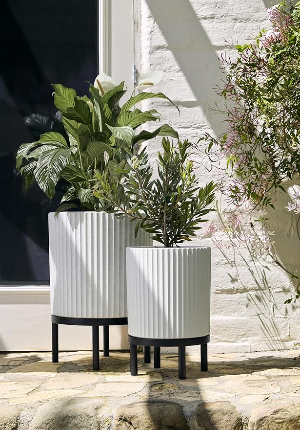 Veradek Demi Series Round Planter w/Stand for Porch/Patio | Durable Plastic-Stone Composite & Wooden Stand | Modern Décor for Tall Plants, Flowers