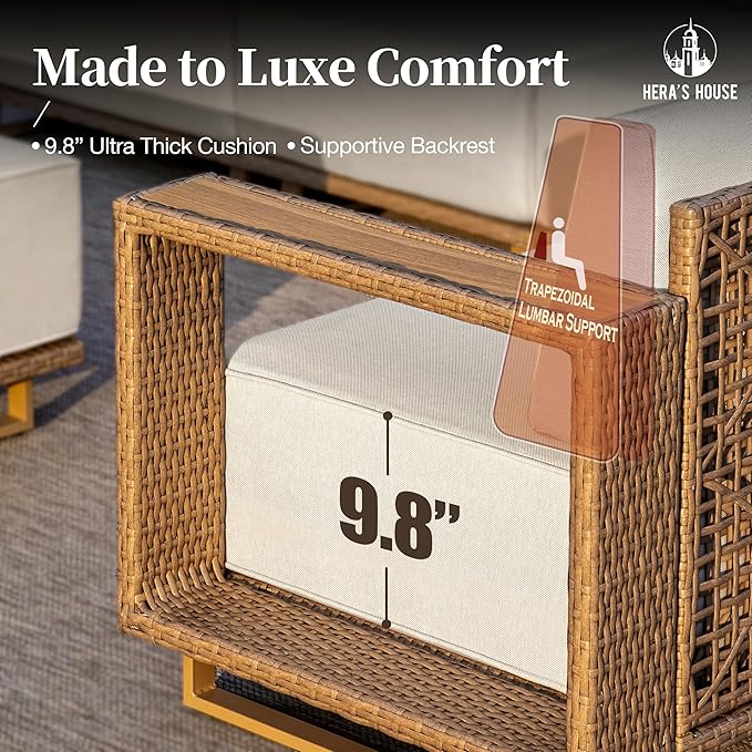HERA'S HOUSE 4 Pieces Patio Furniture Set, 2 Outdoor Rattan Wicker Armchairs Set with 2 Ottomans, All Weather Patio Conversation Set with 5.3" Widened Armrest, 10" Ultra Thick Comfy Sponge Cushion