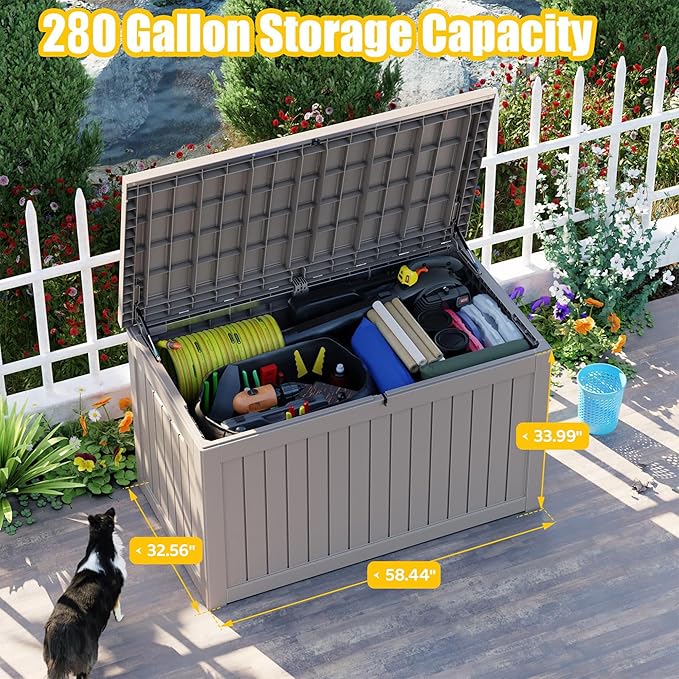 Deck Box - 280 Gallon Large Outdoor Storage box,Waterproof Patio Furniture and Storage Deck - Lockable and UV Resistant, Perfect for Pool and Outdoor Use, Weatherproof Resin, Lockable (Light Brown)