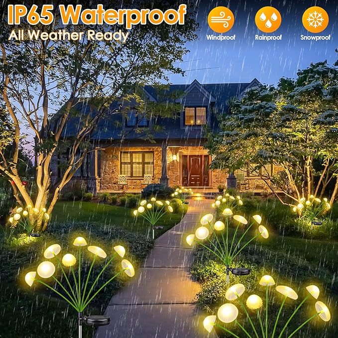 KAQ Solar Garden Lights Outdoor 6PK 48LED, Mushroom Solar Lights Outdoor, IP65 Waterproof Firefly Light Outside Decor for Patio Pathway, Sway by Wind for Pathway Garden Decorations, Warm White