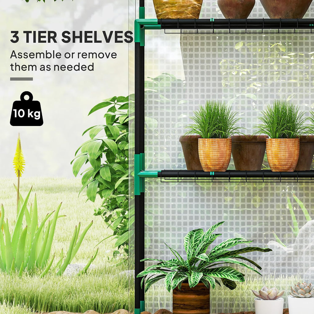 outsunny walk-in greenhouse with 3 tier 4 shelves, close-up detail