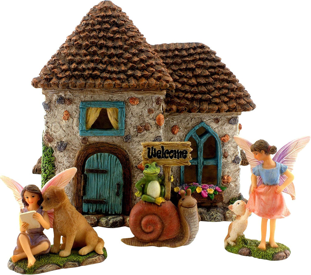 Fairy Garden House Kit & Sign | Hand-painted resin pinecone roof design; 2 fairies included; door opens; 6 inches high; outdoor indoor miniature decor