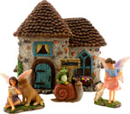 Fairy Garden House Kit & Sign | Hand-painted resin pinecone roof design; 2 fairies included; door opens; 6 inches high; outdoor indoor miniature decor