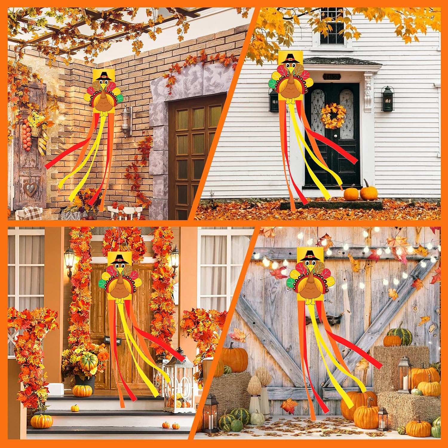 40 Inches Thanksgiving Turkey Windsock Decoration, Hanging Outdoor Fall Decor with Pilgrim Hat and Colorful Streamers, Festive Harvest-Themed Wind Sock Ornament for Garden, Patio, and Yard