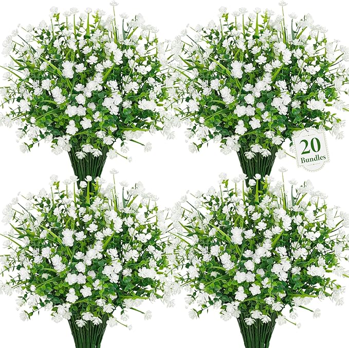 20 Bundles Artificial Flowers for Outdoors Fake Plastic Flowers UV Resistant Realistic Faux Plants Shrubs for Spring Summer Garden Porch Yard Patio Planter Window Box Home Decor, White