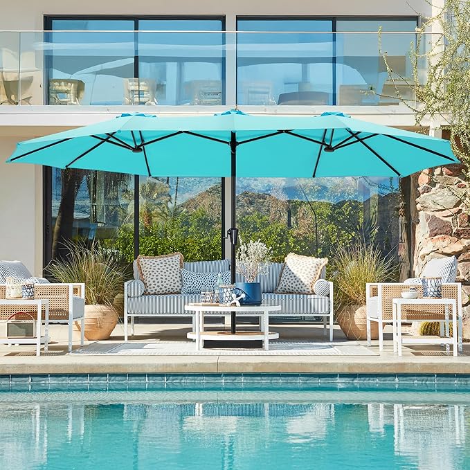 SUPERJARE 15FT Outdoor Umbrella for Patio, Double sided Pool Umbrellas with Fade Resistant Canopy, Large Table Umbrella for Deck, Market, Backyard - Light Blue