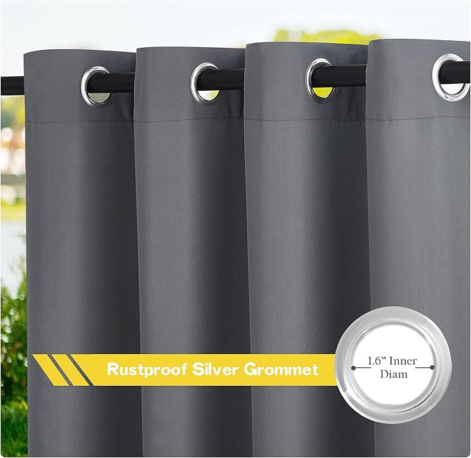 NICETOWN Outdoor Curtains for Patio Waterproof Extra Wide 2 Panels, Rustproof Grommet Indoor Outdoor Porch Curtains & Drapes for Gazebo/Cottage, W72 x L84 Inch, Grey