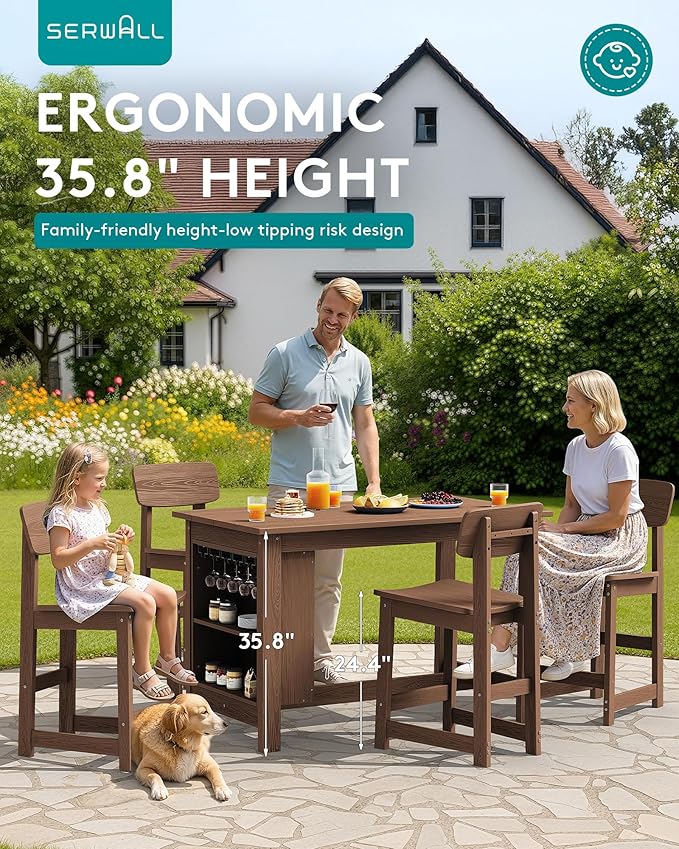 SERWALL Outdoor Bar Table and Chairs Set, 5-Piece HDPE Counter Height Patio Dining Sets with Storage and Wine Rack, Rectangular High Top Bar Table with 4 Bar Stools for Garden, Backyard, Brown