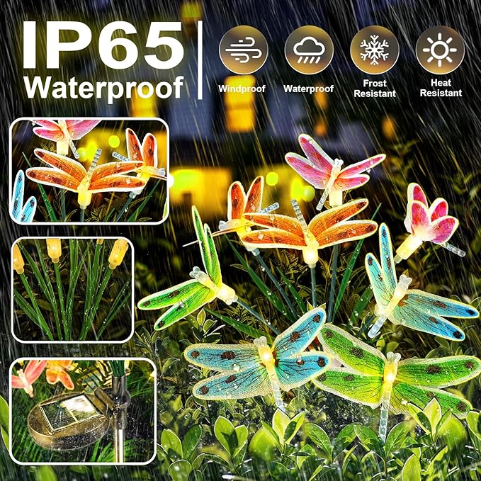 Anordsem Solar Garden Lights Outdoor: 8 Removable Fiber Optic Fabric Dragonflies 4 Pack - Waterproof Fun Animal Decoration for Yard Patio - Gardening Gifts for Garden Lovers