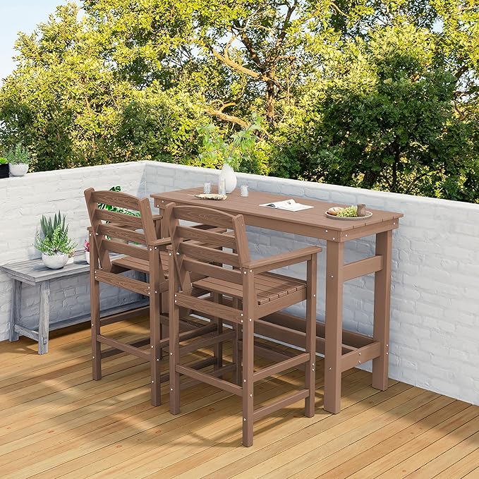 SERWALL Outdoor Bar Set with 9ft Umbrella, All-Weather HDPE Patio Bar Chairs and Table, Outdoor Furniture Set for Poolside, Backyard, Garden - Brown