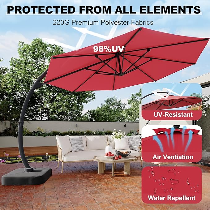 GarveeLife 11FT Cantilever Patio Umbrella With Base Included, Cantilevers Outdoor Umbrella Heavy Duty Offset, Aluminium Curved Cantilever Umbrella