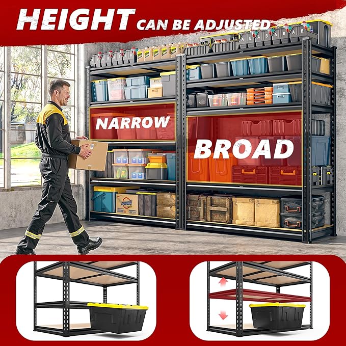 REIBII 2400LBS Storage Shelves 5 Tier Garage Shelving Heavy Duty Adjustable Garage Shelves, Utility Rack Shelf, Shelving Units for Storage Warehouse Pantry Closet, 35.5" W x 11.9" D x 72" H, 3 Pack