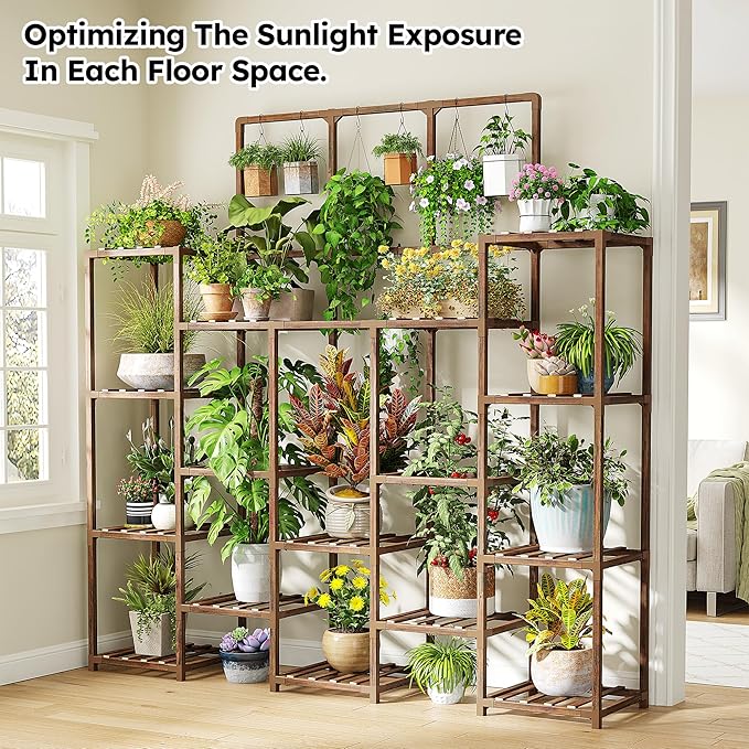 EnHomee 63''H Plant Stand Indoor Tall Plant Stands Outdoor with 7 Tiers and 14 Potted Upgrade Wood Plants Shelves Stand for Living Room Patio Balcony Yard Garden, 11.8''D×56''W×63''H