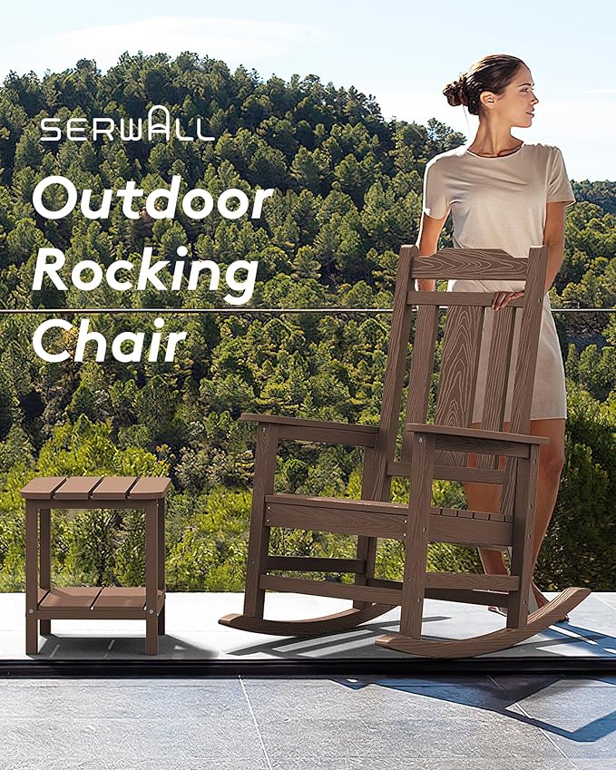 SERWALL Oversized Rocking Chair Set of 4 Outdoor, HDPE Outdoor Rocking Chair Set of 4, Coffee