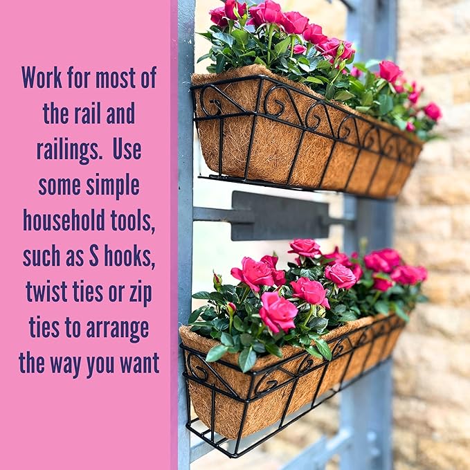 LaLaGreen Wall Mounted Planters - 30 Inch, 6 Pack Black Window Flower Boxes Basket Outdoor, Balcony Planter Over The Rail, Deck Railing Hanging with Coco Liners, Metal Horse Troughs Fence Patio Porch