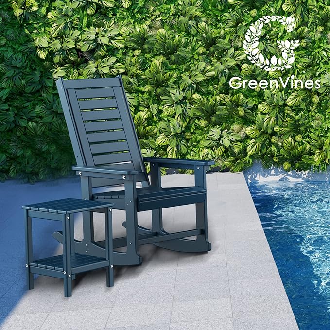 GREENVINES Outdoor Rocking Chairs | Porch Rocker | HDPE Plastic | Blue | Oversized Rockers | High Back | Big & Tall | Ladder Back | for Patio Outside Backyard Balcony Garden