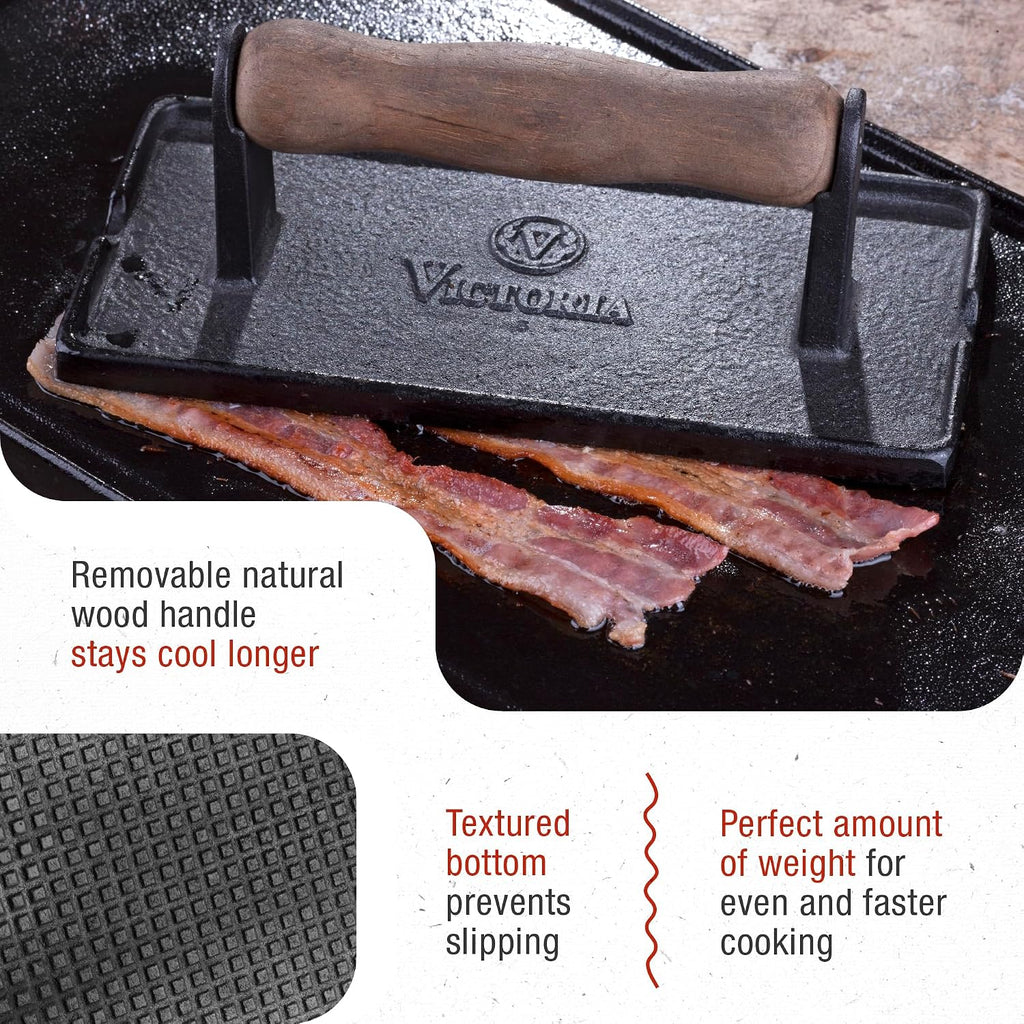 Victoria Cast Iron Panini Press, Burger Press, Bacon Press, Grill Press, Seasoned with 100% Kosher Certified Non-GMO Flaxseed Oil, Model Number: GAD-025