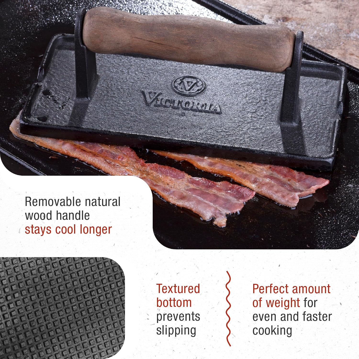 Victoria Cast Iron Panini Press, Burger Press, Bacon Press, Grill Press, Seasoned with 100% Kosher Certified Non-GMO Flaxseed Oil, Model Number: GAD-025
