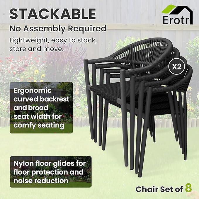 8 Pcs Stackable Patio Dining Chairs, Aluminum Rattan Outdoor Dining Chair with Arms, Woven Rope Garden Armchair Metal No Assembly for Bistro Balcony Porch Deck Yard Cafe Restaurant, Black