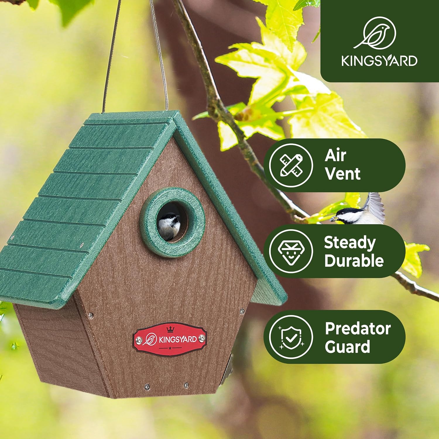 Kingsyard Recycled Plastic Bird House for Outdoors - Hanging Nesting Box with Predator Guard & Air Vents for Wren Finch Chickadee, Green