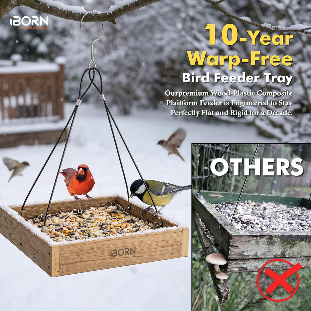 iBorn Platform Bird Feeder Tray Bird Feeders for Outdoors Hanging for Outside Flat Birdfeeder Tray with Large Capacity 3LBS, WPC Recycled Plastic & Cedar Look, Waterproof, 10.6"x10.6", Raw