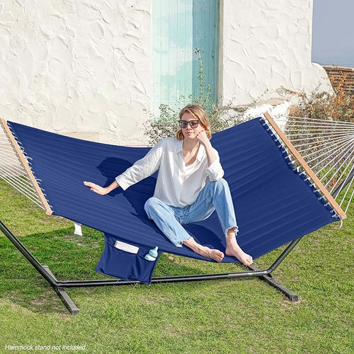 2 Person 12FT Hammocks for Outside, Double Quilted Fabric Outdoor Hammock with Spreader Bar, Large Removable Pillow, Storage Pockets, Carabiners, Max 475 lbs Capacity (Dark Navy)