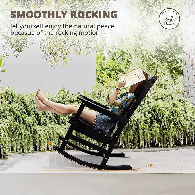 LUE BONA Outdoor Rocking Chairs Set of 4, Weather Resistant HDPS Poly Rocker Chairs, 350lb Heavy Duty, Oversized Porch Rocker for Adult, High Back Smooth Rocking Chairs for Outdoor & Indoor, Black